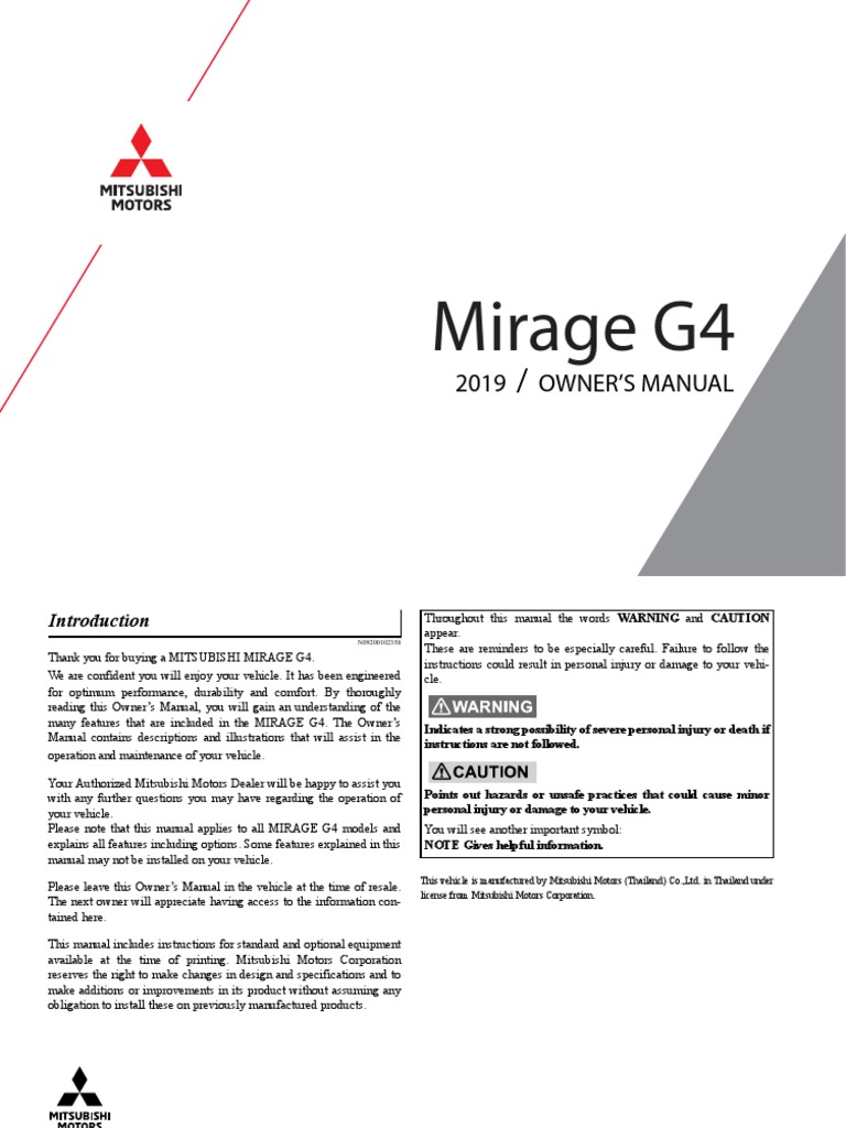 2019 Mitsubishi Mirage g4 Owners Manual PDF Gasoline Airbag