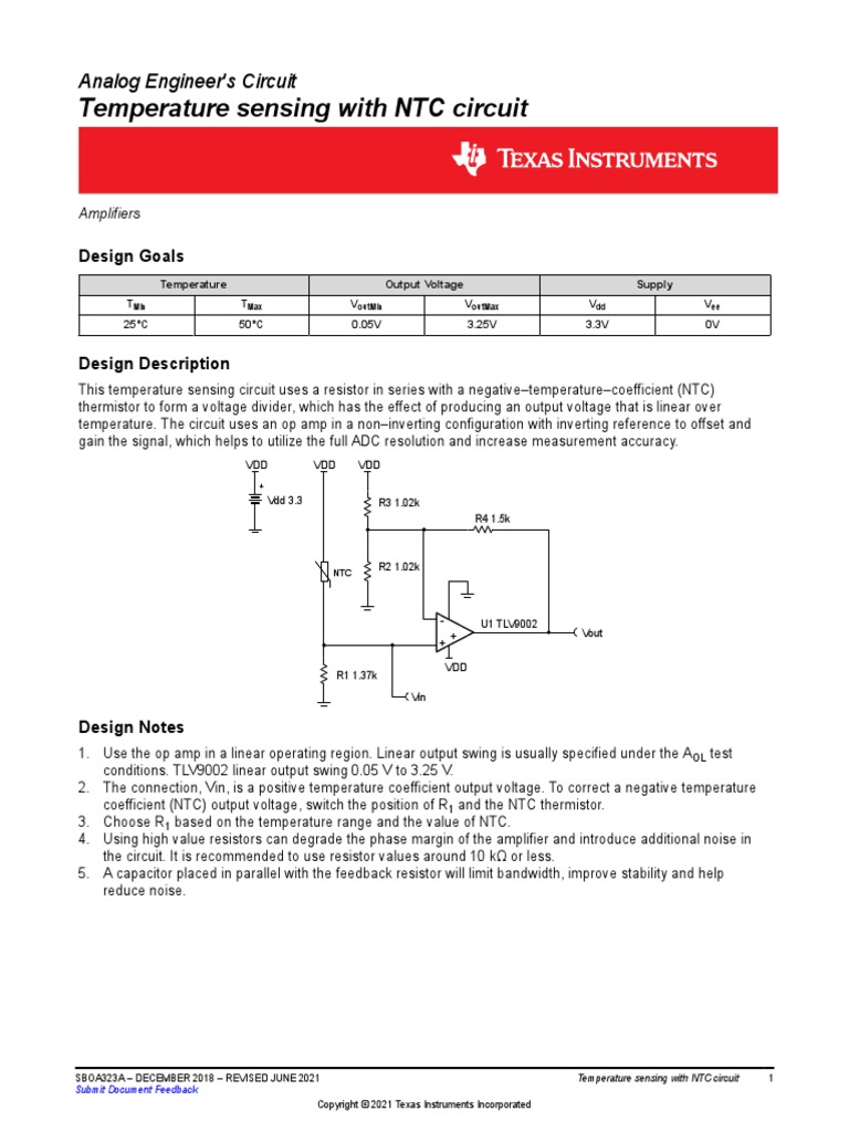Temperature Sensing With NTC Circuit Analog Engineer's Circuit PDF