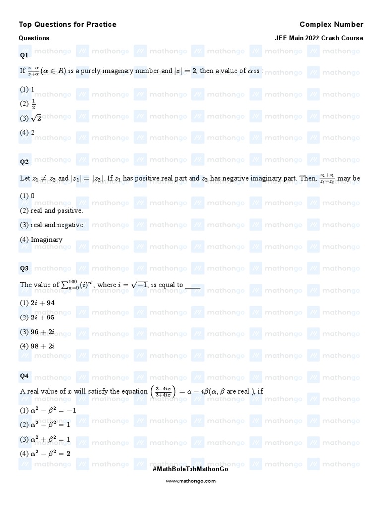 Top Questions For Practice Complex Number: Questions JEE Main 2022 ...