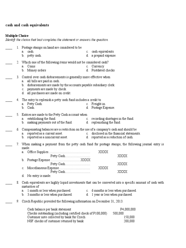 Cash Cash Equivalents Sample Problems PDF Cash Cash And Cash