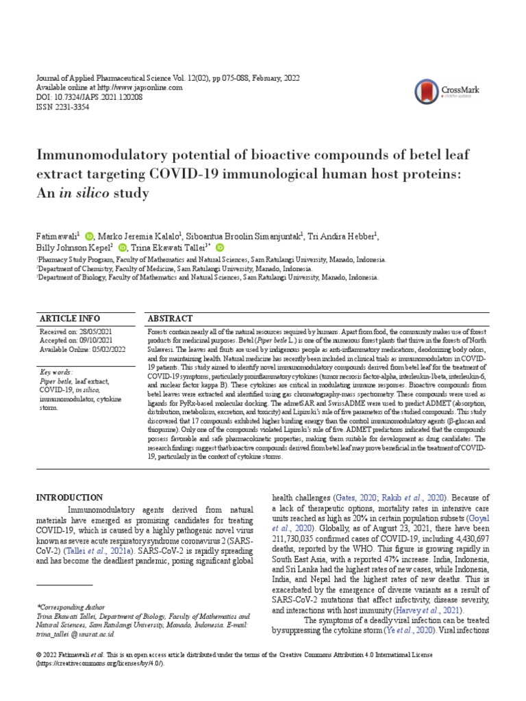Immunomodulatory Potential of Bioactive Compounds of Betel Leaf | PDF |  Inflammation | Docking (Molecular)