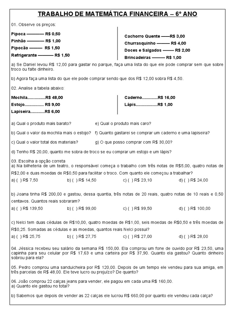 Atividade Matemática Financeira 6 Ano | PDF | Moeda | Negócios ...