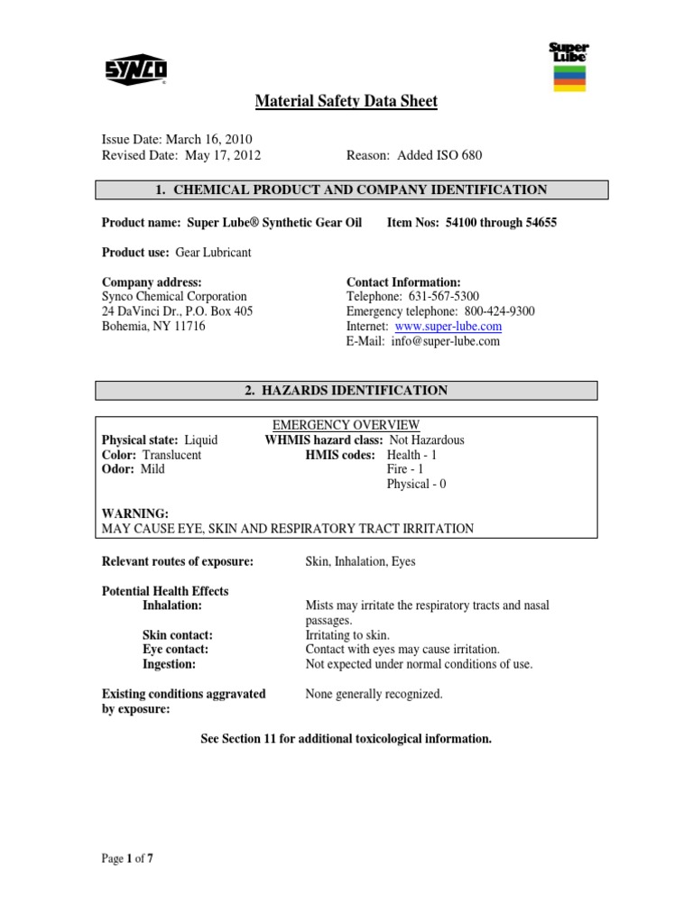 MSDS Super Lube Gear Oil PDF Dangerous Goods Firefighting