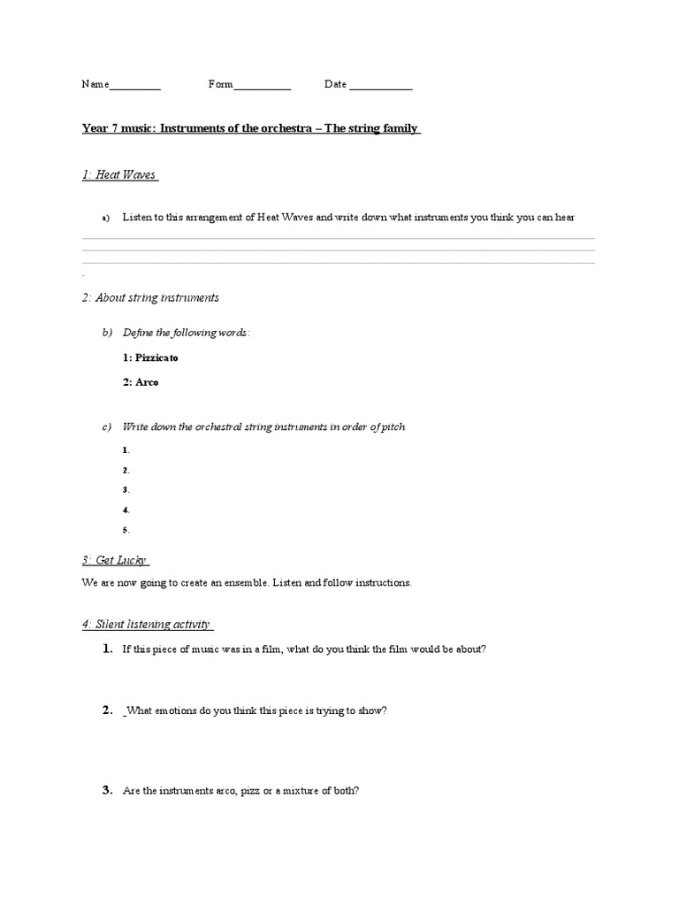 Year 7 Instruments of The Orchestra String Family Worksheet PDF