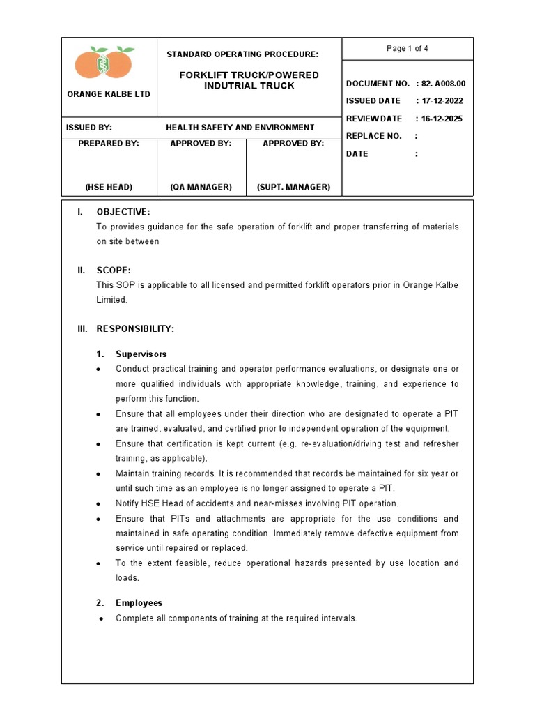 Guidelines For Safe Operation And Maintenance Of Forklifts Pdf