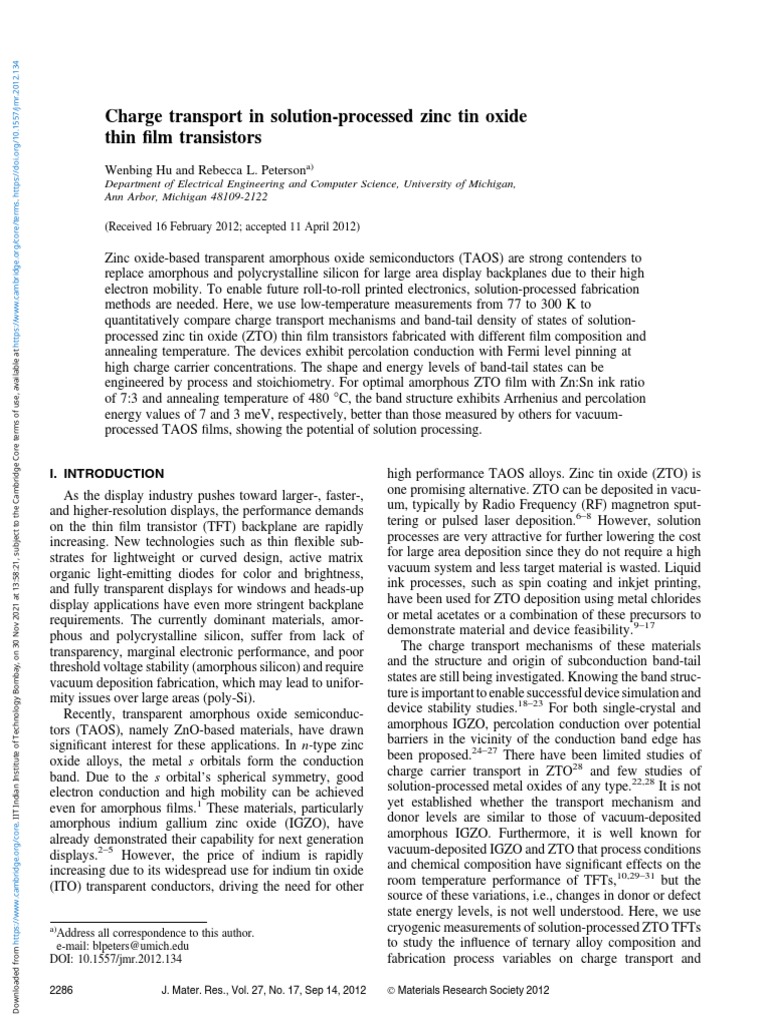 Charge Transport in Solution Processed Zinc Tin Oxide Thin Film