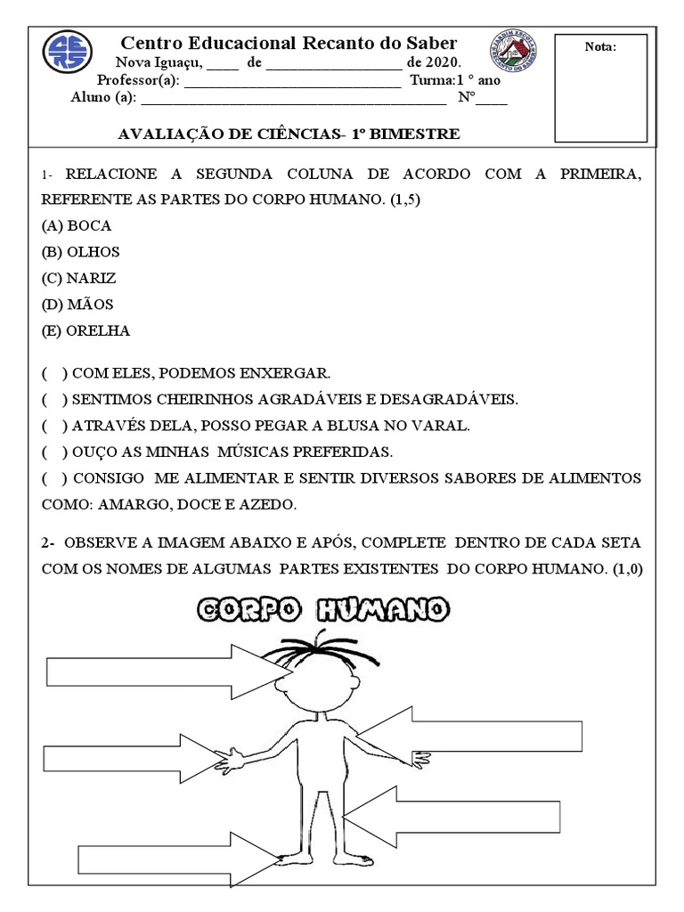 Avaliação de Ciências sobre as Partes do Corpo Humano | PDF | Corpo ...