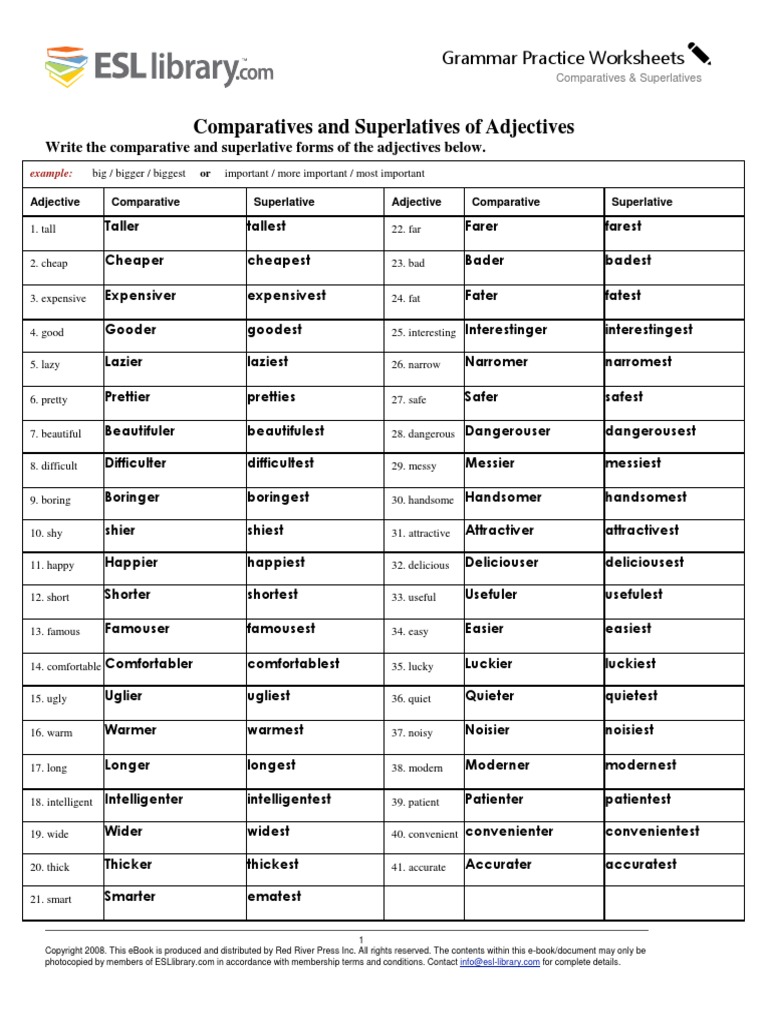 Esl Library Comparative And Superlative Pdf