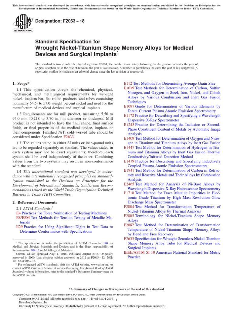 Wrought NickelTitanium Shape Memory Alloys For Medical Devices and