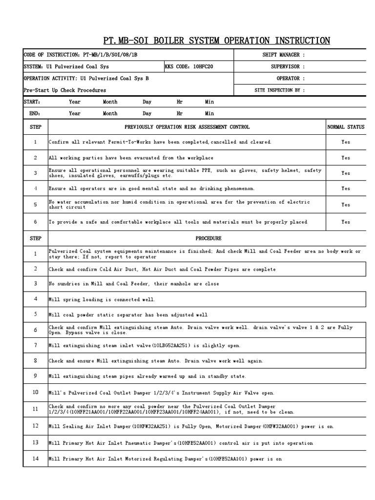 PreStart Checklist for Pulverized Coal Boiler System Startup PDF