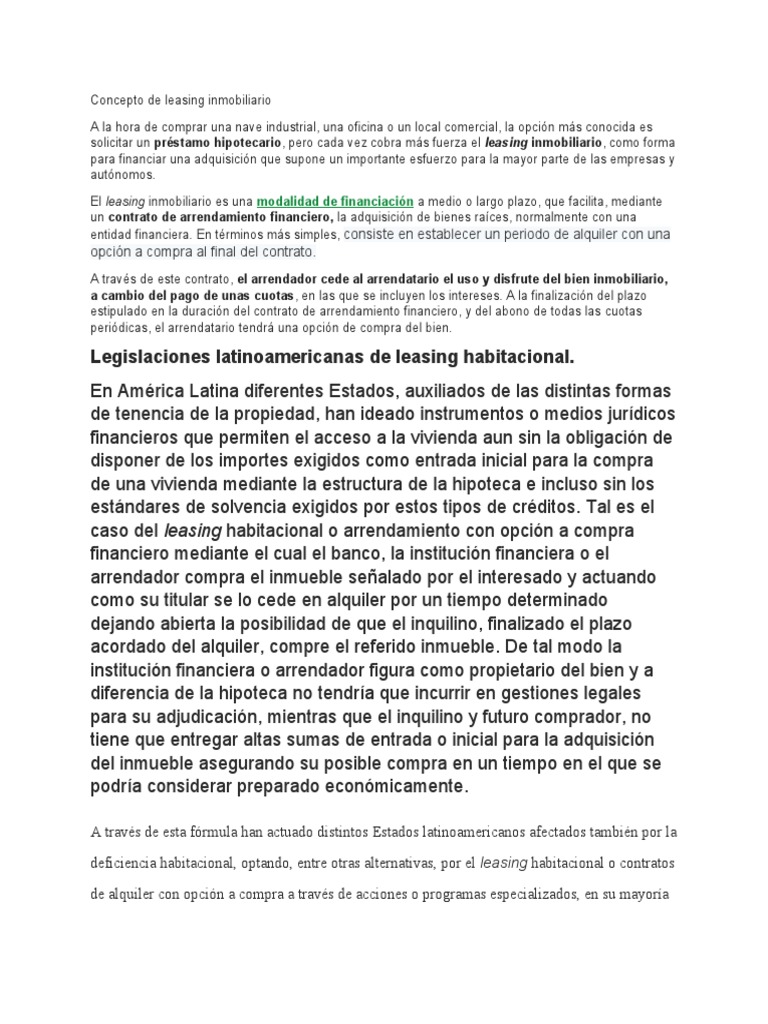 Concepto de Leasing Inmobiliario y Legislaciones | PDF | Arrendamiento ...
