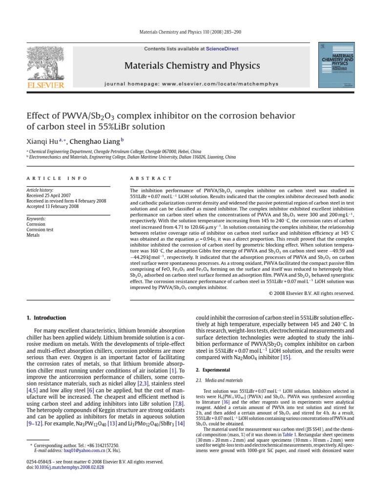 Materials Chemistry and Physics PDF Adsorption Corrosion