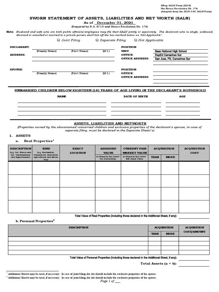 Sworn Statement of Assets, Liabilities and Net Worth (SALN) Form for