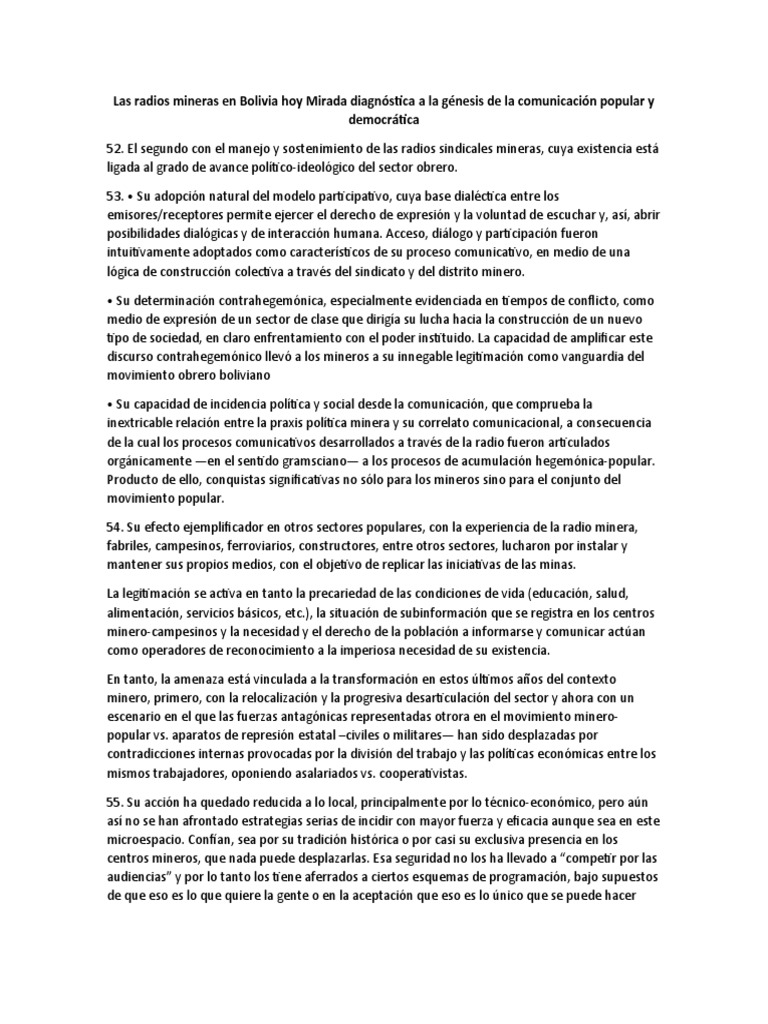 Las Radios Mineras en Bolivia Hoy Mirada Diagnóstica A La Génesis de La