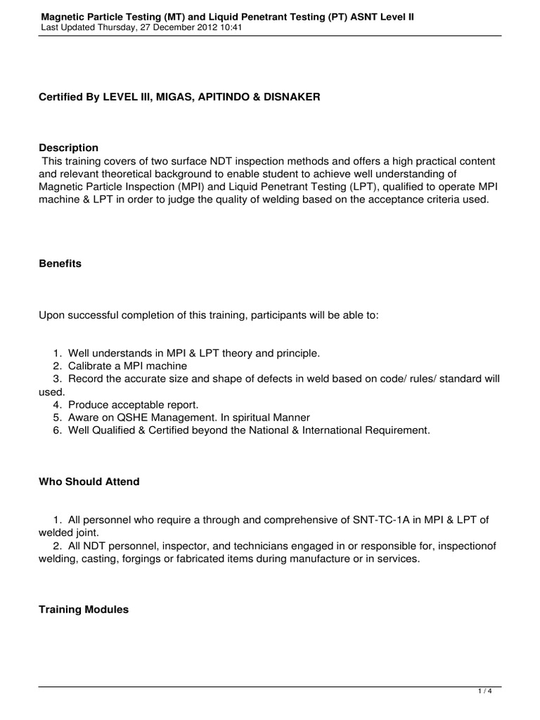 Magnetic Particle Testing MT and Liquid Penetrant Testing PT Asnt Level ...