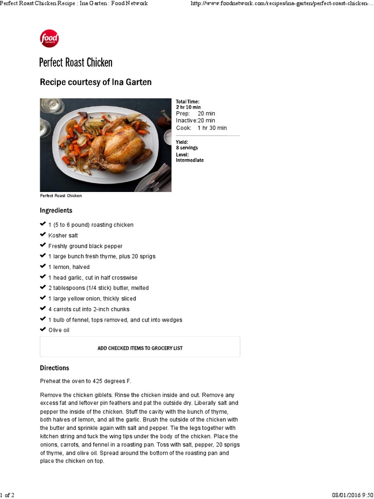 Perfect Roast Chicken Recipe Ina Garten Food Network PDF