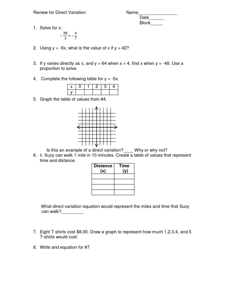 Direct Variation Review Worksheet | PDF | Science & Mathematics