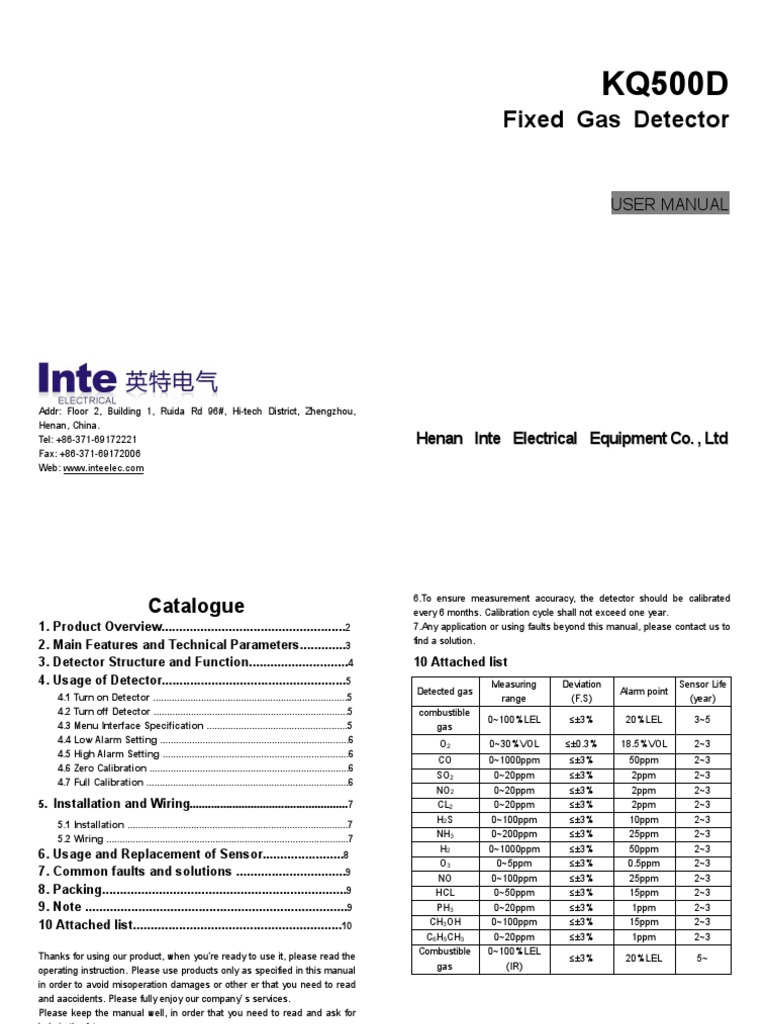 KQ500D Gas Detector Manual PDF Sensor Electricity