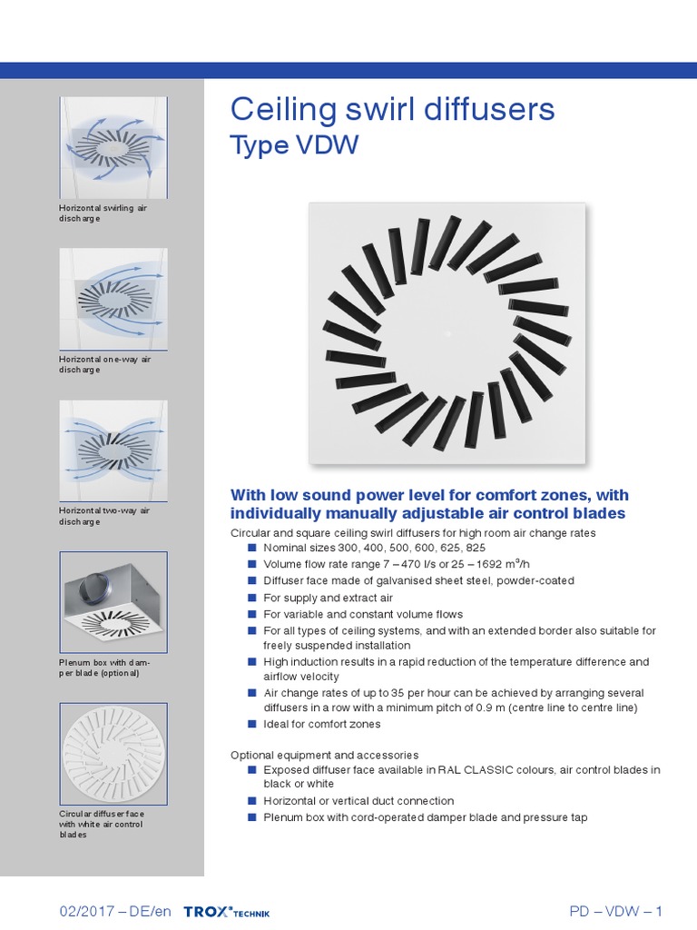 Ceiling Swirl Diffusers: Type VDW | PDF | Duct (Flow) | Flow Measurement