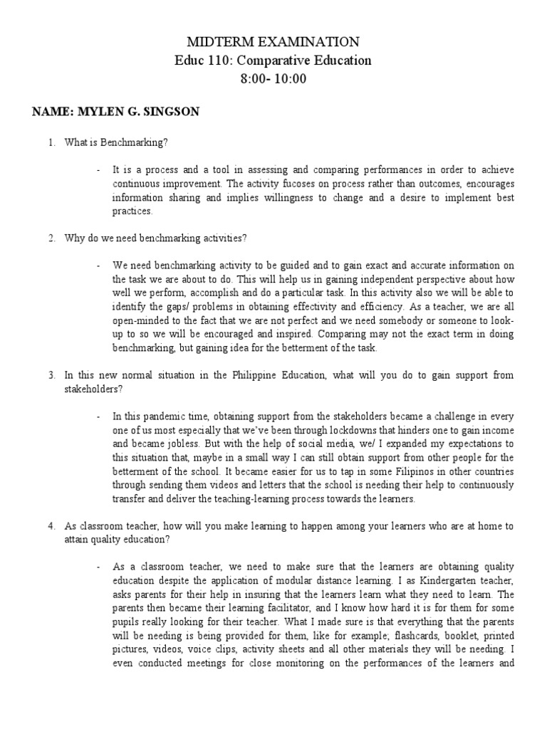 Educ 110 - MIDTERM EXAMINATION | PDF | Learning | Benchmarking