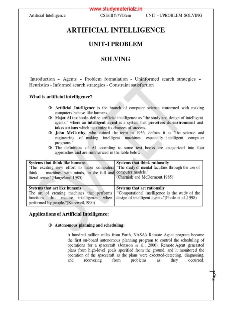 Cs8691 Artificial Intelligence Notes 1 Pdf Artificial Intelligence