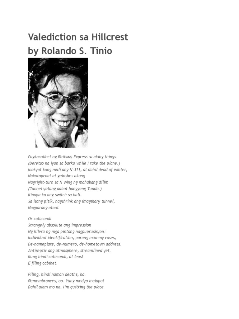 Valediction Sa Hillcrest by Rolando S Tinio | PDF