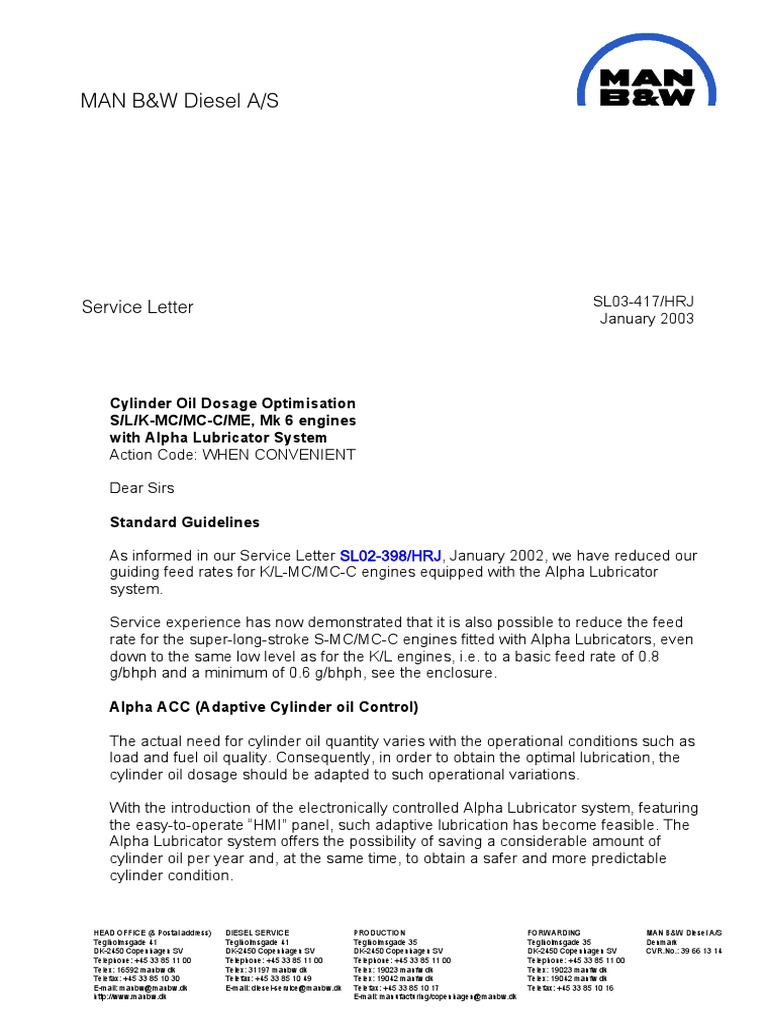 MAN B&W Diesel A/S: Service Letter | PDF | Fuel Oil | Piston
