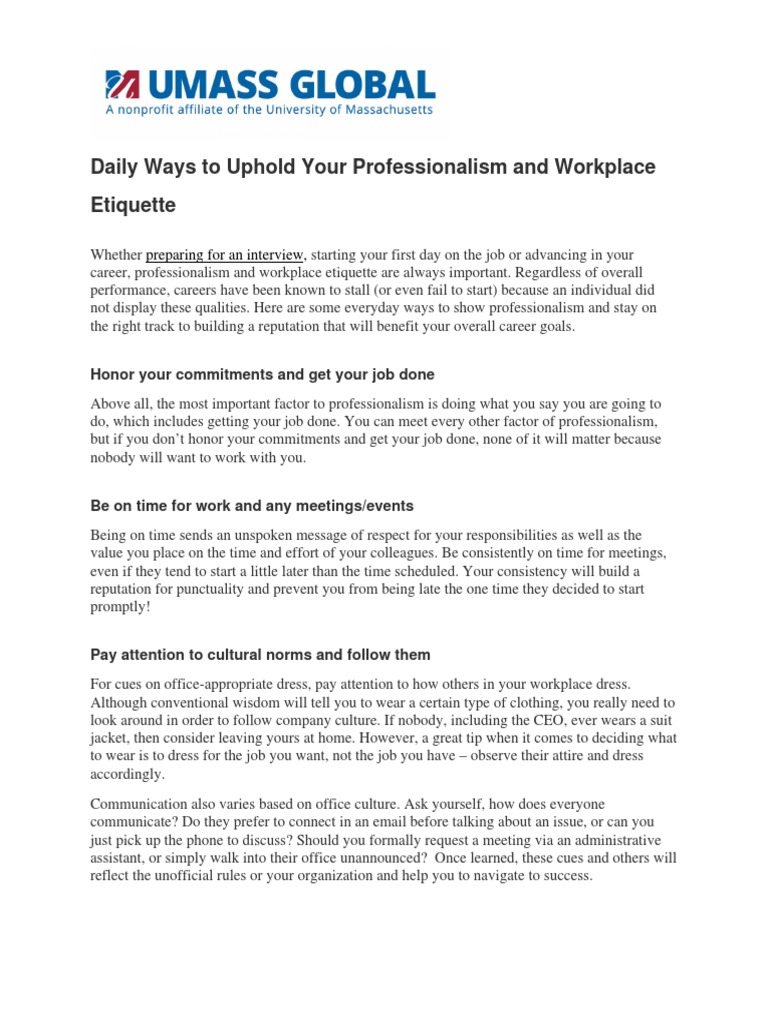 Daily Ways To Uphold Your Professionalism And Workplace Etiquette Pdf