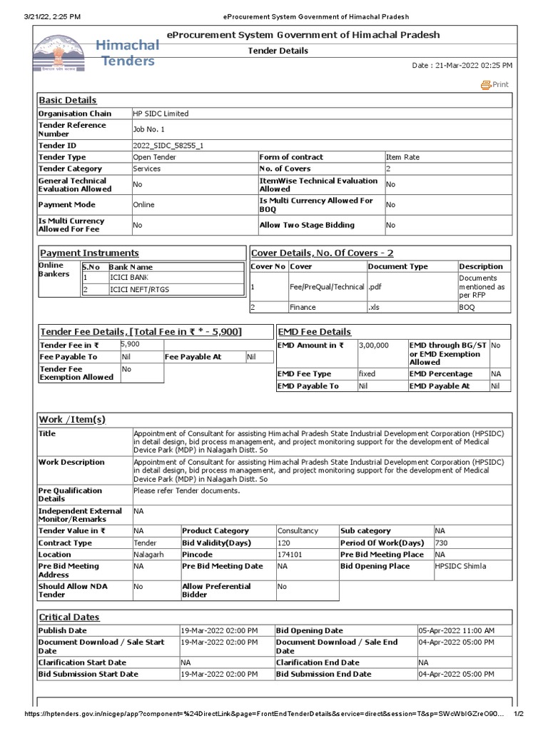 HPSIDC Consultant Tender for Medical Park | PDF | Business | Economies