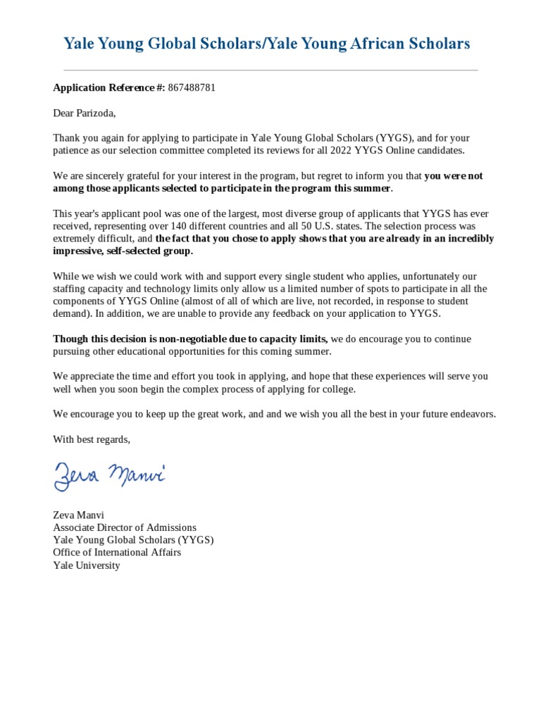 YYGS Application Rejection Notice | PDF | Career & Growth