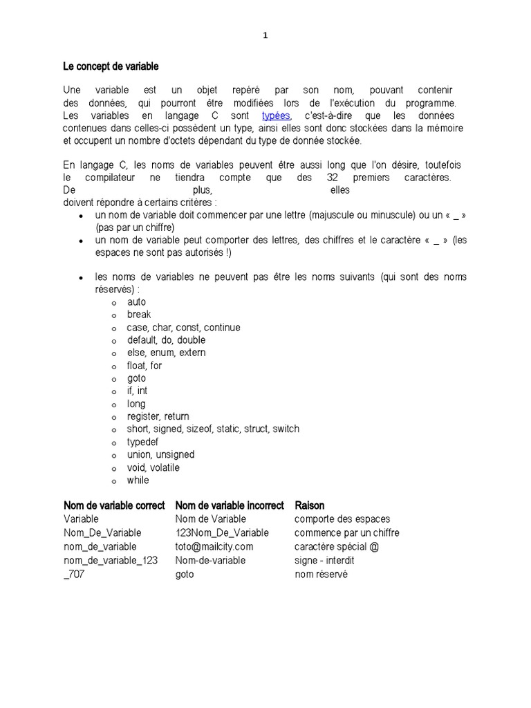 Concept et déclaration de variables C | PDF | Variable (informatique ...