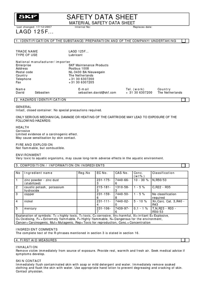 Safety Data Sheet for LAGD 125F Lubricant Containing Zinc Powder