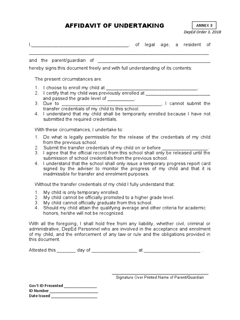 DepEd Affidavit of Undertaking Template | PDF | Credential | Social ...