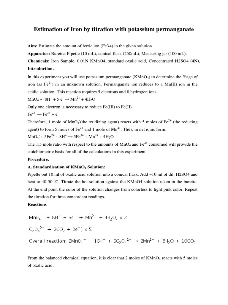 Estimation of Iron by Titration With Potassium Permanganate PDF