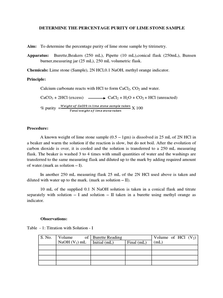 Limestone Sample Purity Calculation | PDF | Titration | Chemistry