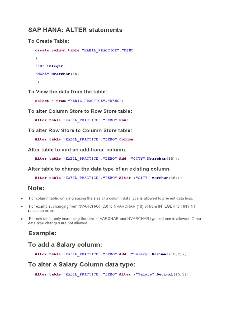 Sap Hana-Sql Statements | PDF | Table (Database) | Information ...