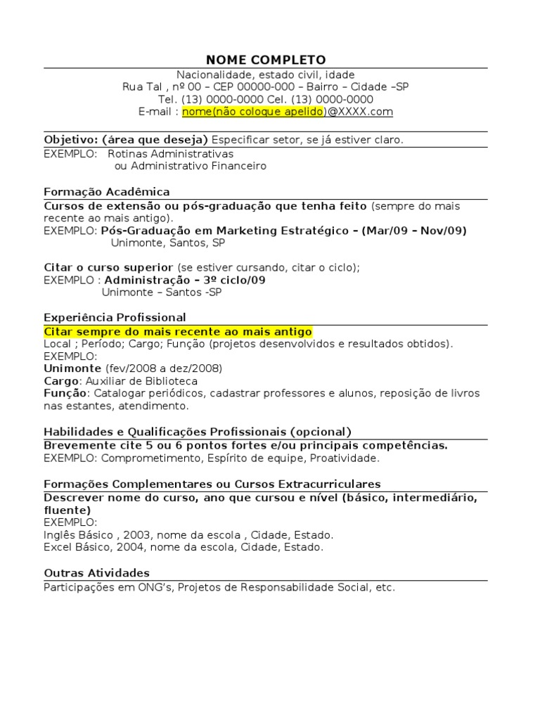 Modelo de curriculo | Pós-Graduação | Educação Continuada