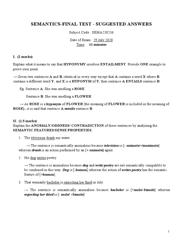 Semantics Final Test Answers | PDF | Semantics | Grammar