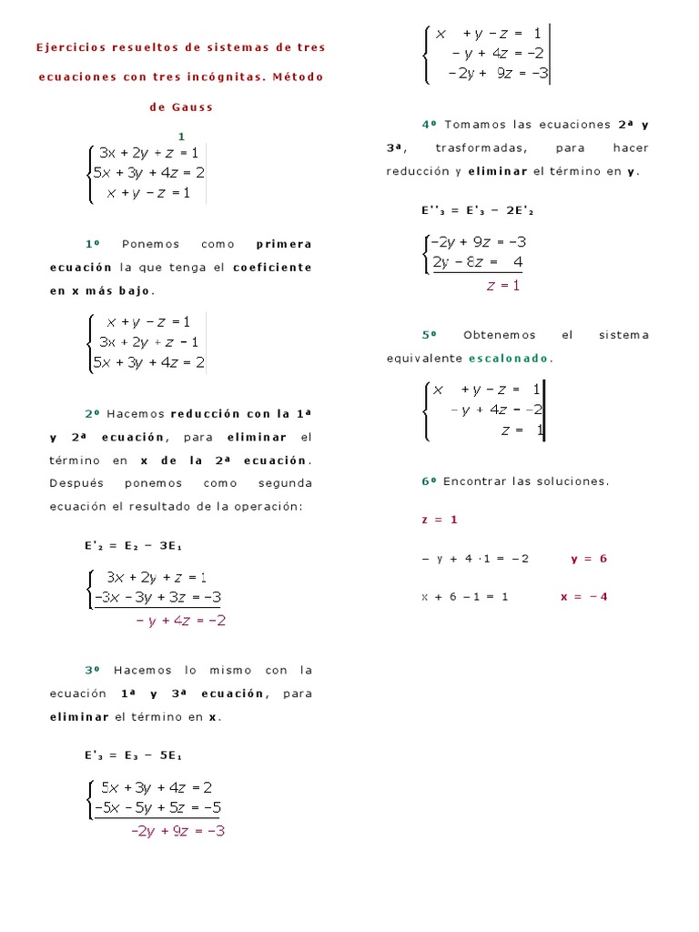 Ejercicios Resueltos De Sistemas De Tres Ecuaciones Con Tres Incógnitas