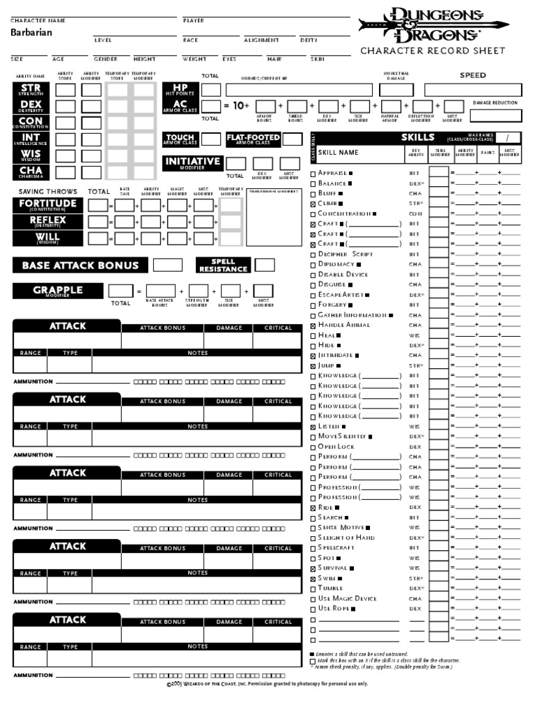 d and d character sheet on D D 3 5 Character Sheet Barbarian Leisure Activities Entertainment