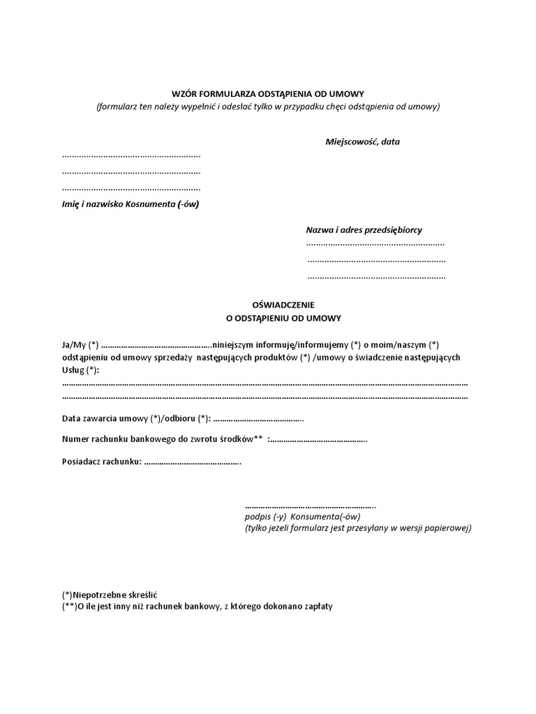 Formularz Odstapienia Od Umowy Wzor | PDF