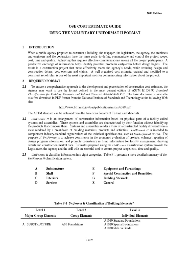 OSE Cost Estimate Guide: Uniformat II | PDF | Specification (Technical ...