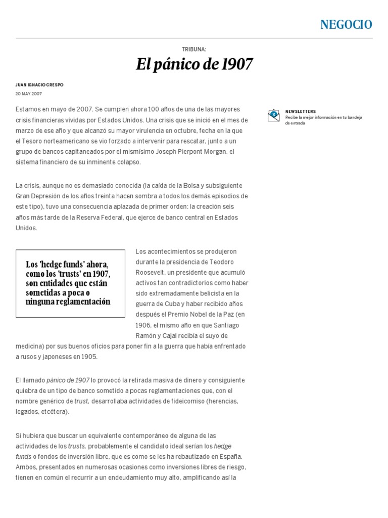 El Pánico de 1907 EL PAÍS PDF Fondo de cobertura Bancos
