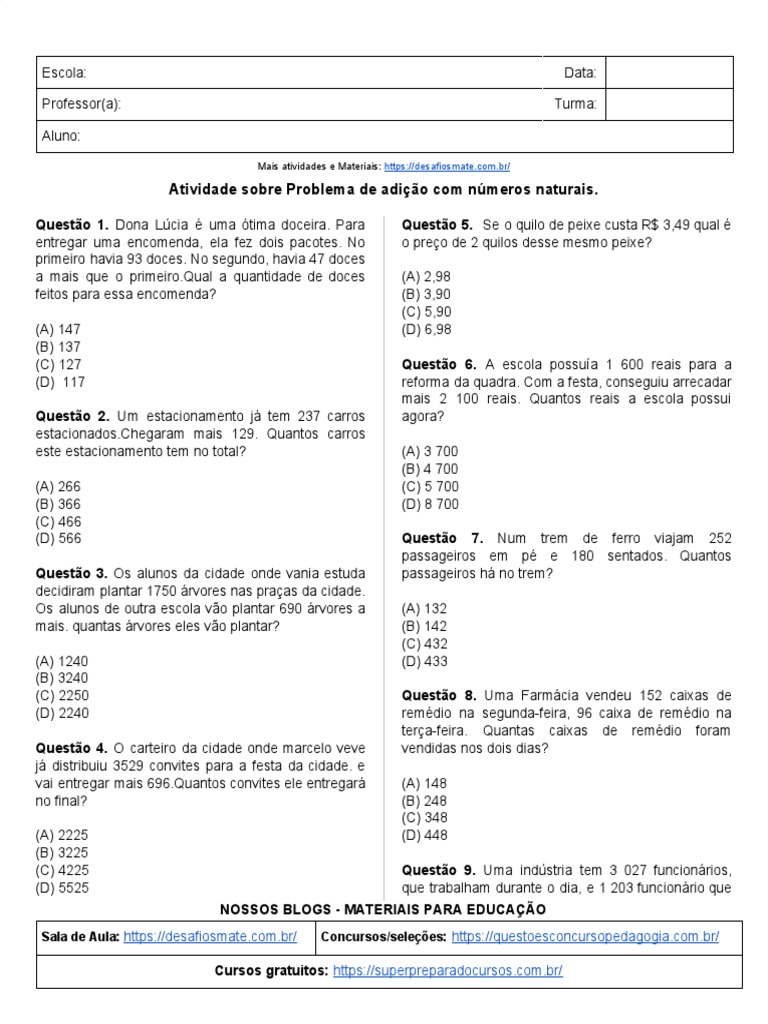 Atividades de Matematica 4 Ano Problema de Adição Com Números Naturais ...