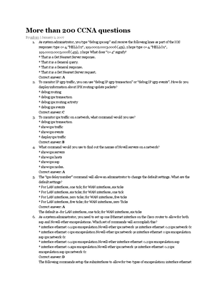 200 Ccna Questions Pdf Computing And Information Technology