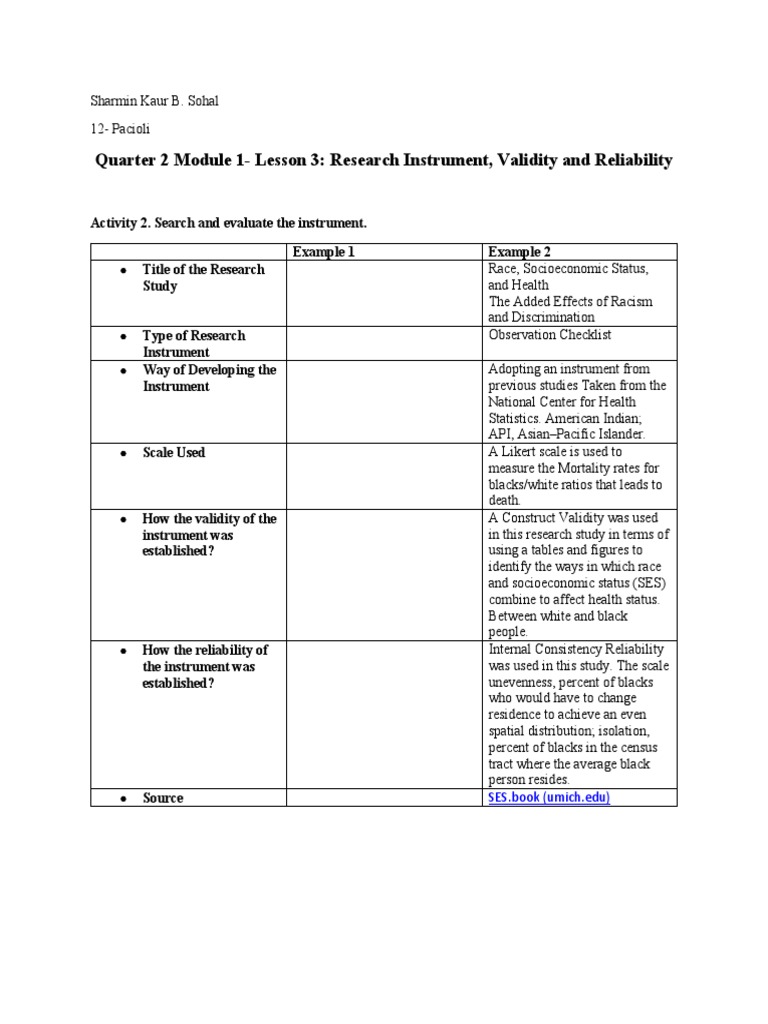 Quarter 2 Module 1Lesson 3 Research Instrument, Validity and