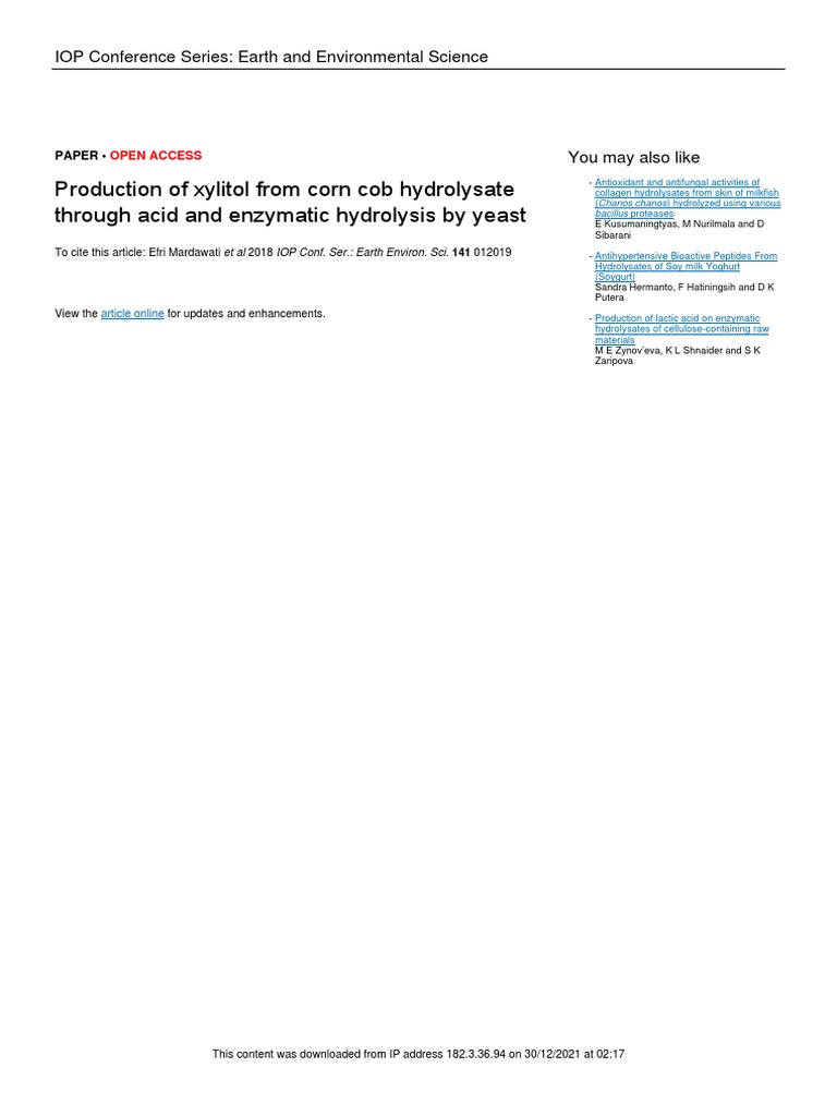 Xylitol Production from Corn Cobs | PDF | Hydrolysis | Enzyme