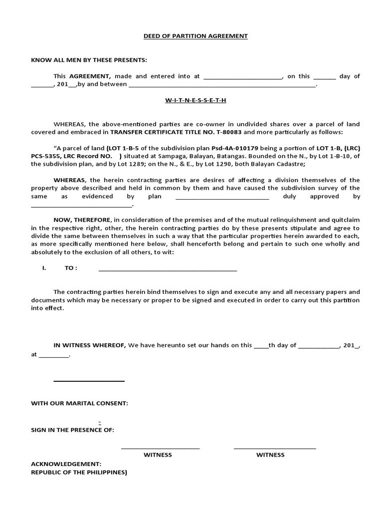 Deed of Partition Agreement Template | PDF | Deed | Common Law