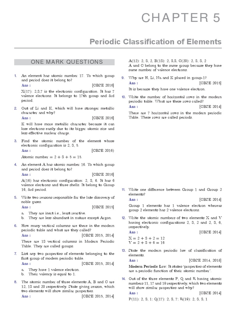 Periodic Classifi Cation of Elements: One Mark Questions | PDF ...