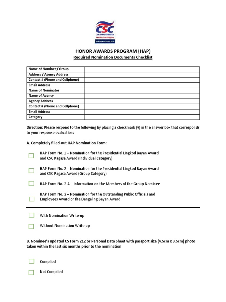Honor Awards Program Required Nomination Checklist PDF Government
